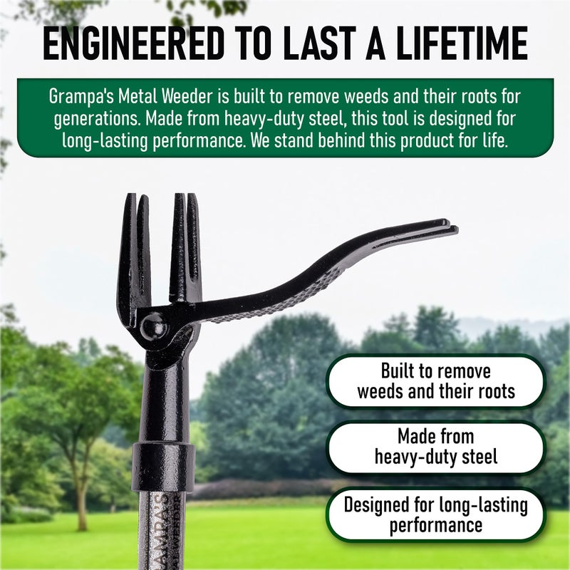 Grampa's Weeder Grampa's Metal Weeder - Stand Up Weed Puller Tool with Steel Long Handle - Made with All Steel Handle & 4-Claw Steel Head - Easily Remove Weeds Without Bending, Pulling, or Kneeling (Black) - Image 4