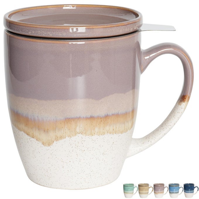 CERAMIC TEA CUP WITH INFUSER AND LID 16 OZ 5 COLORS TO CHOOSE DISHWASHER AND MICROWAVE SAFE REACTIVE GLAZE STEEPING TEA MUG WITH STRAINER PURPLE