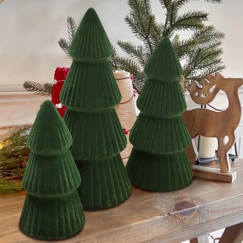 MOREDOTS Christmas Decorations - Set of 3 Velvet Ceramic Christmas Trees - Modern Cone Indoor Christmas Decoration Centerpieces for Table Mantel and Living Room Home Decor (Green) - Image 4