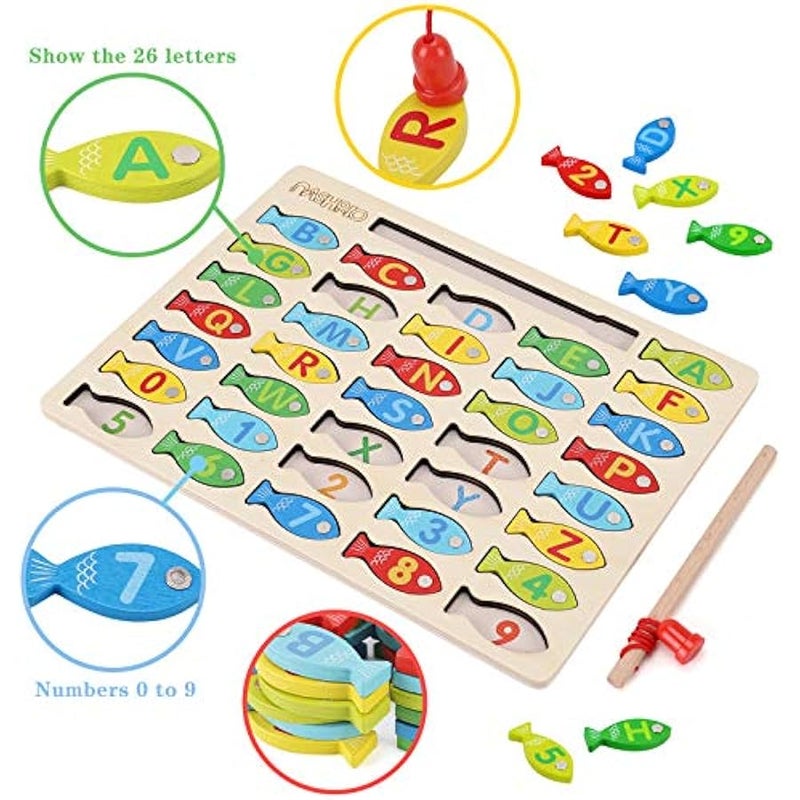 Magnetic Wooden Fishing Game Toy for Toddlers, Alphabet Fish Catching Counting Games Puzzle with Numbers and Letters, Preschool Learning ABC and Math Educational Toys for 3 4 5 Years Old Girl Boy Kids - Image 2