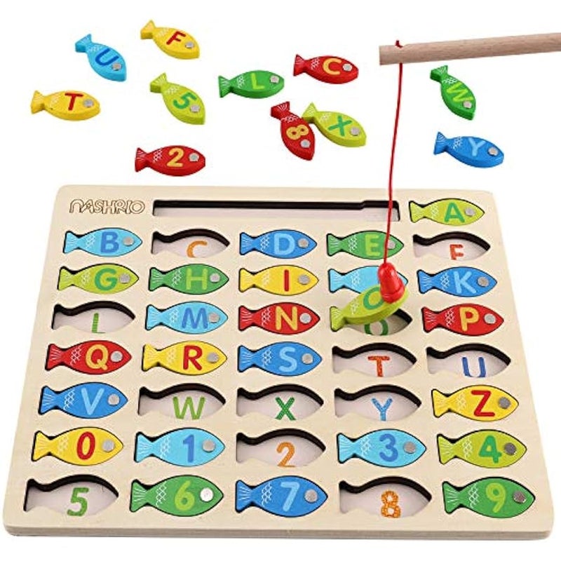 Magnetic Wooden Fishing Game Toy for Toddlers, Alphabet Fish Catching Counting Games Puzzle with Numbers and Letters, Preschool Learning ABC and Math Educational Toys for 3 4 5 Years Old Girl Boy Kids - Image 1