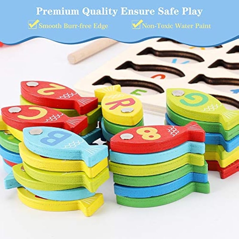 Magnetic Wooden Fishing Game Toy for Toddlers, Alphabet Fish Catching Counting Games Puzzle with Numbers and Letters, Preschool Learning ABC and Math Educational Toys for 3 4 5 Years Old Girl Boy Kids - Image 5