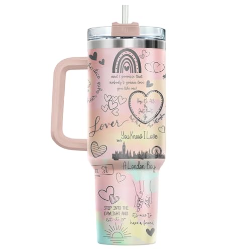 34HD Pink Pastel Lover Tumbler 40oz with Handle Lid and Straw, Romantic London Boy Heart Design, Aesthetic Lyrics Inspired Travel Mug, Insulated Stainless Steel Cup for Music Fans and Besties - Image 2