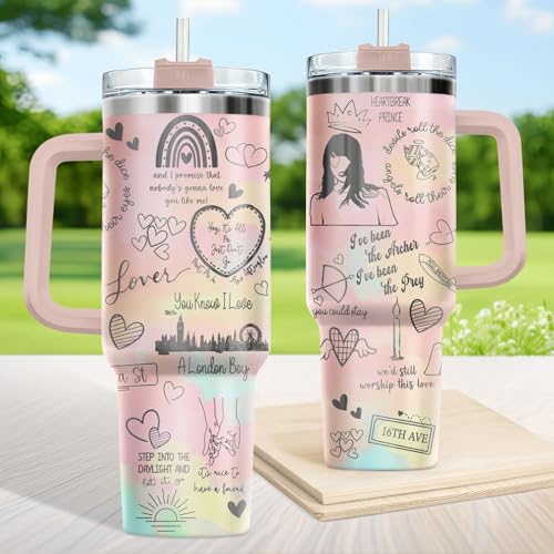 34HD Pink Pastel Lover Tumbler 40oz with Handle Lid and Straw, Romantic London Boy Heart Design, Aesthetic Lyrics Inspired Travel Mug, Insulated Stainless Steel Cup for Music Fans and Besties - Image 5