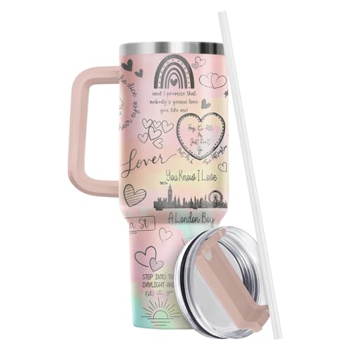34HD Pink Pastel Lover Tumbler 40oz with Handle Lid and Straw, Romantic London Boy Heart Design, Aesthetic Lyrics Inspired Travel Mug, Insulated Stainless Steel Cup for Music Fans and Besties - Image 3