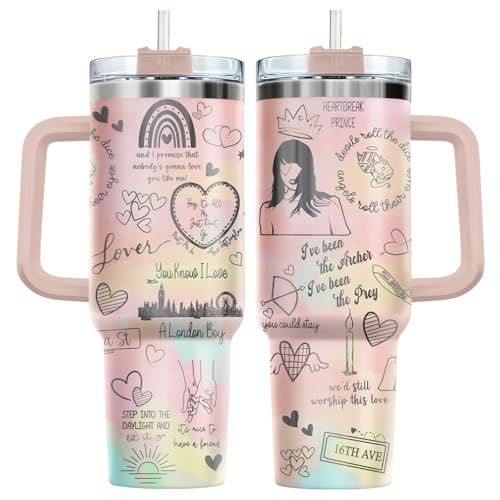 34HD Pink Pastel Lover Tumbler 40oz with Handle Lid and Straw, Romantic London Boy Heart Design, Aesthetic Lyrics Inspired Travel Mug, Insulated Stainless Steel Cup for Music Fans and Besties - Image 1