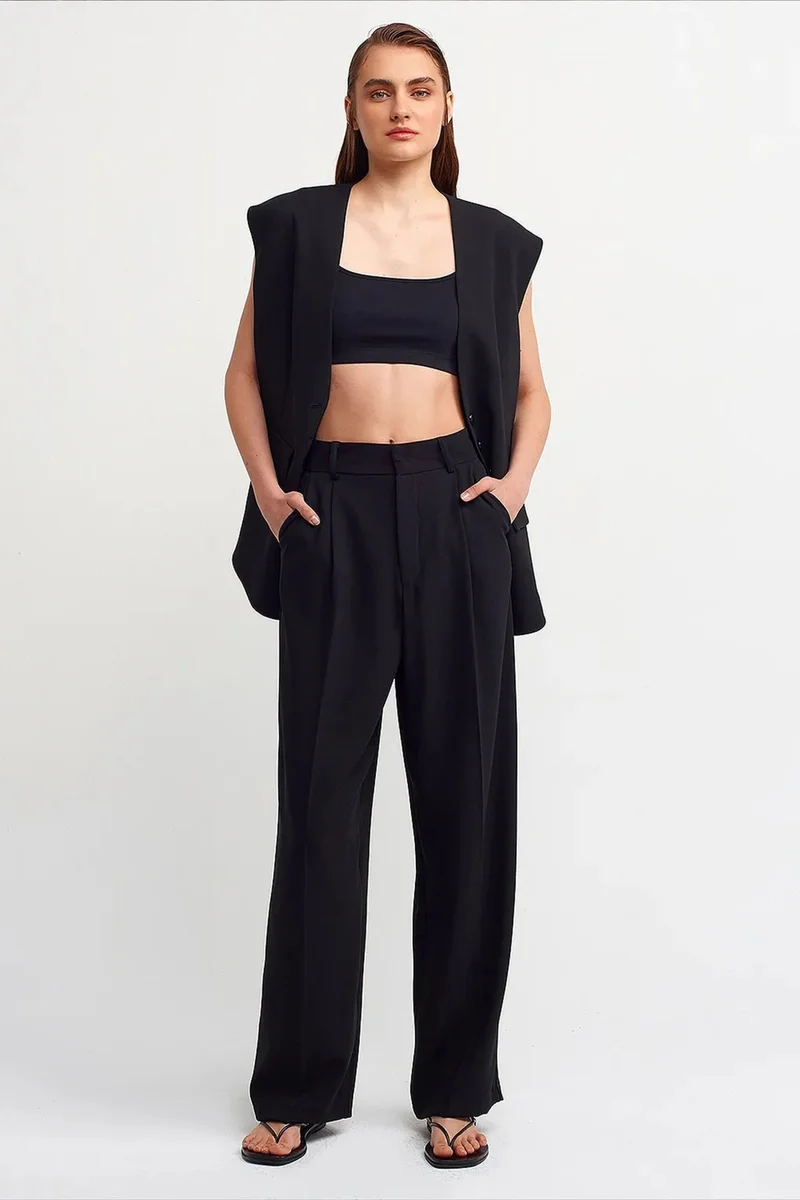 Dilvin Black DILVIN High-waist Wide-leg Crepe Trousers for Women | Best Price UAE