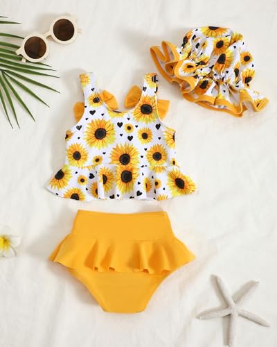 Mioglrie Baby Girl Swimsuit 6-9 9-12 Months Baby Bathing Suit Girl Yellow Dasiy Bikini Summer Beach Swimwear Infant Tankini Hat Set 6-12 Months - Image 3