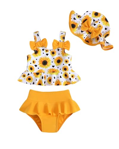 Mioglrie Baby Girl Swimsuit 6-9 9-12 Months Baby Bathing Suit Girl Yellow Dasiy Bikini Summer Beach Swimwear Infant Tankini Hat Set 6-12 Months - Image 1