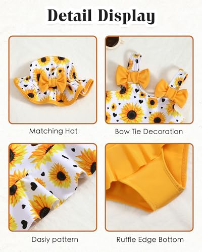 Mioglrie Baby Girl Swimsuit 6-9 9-12 Months Baby Bathing Suit Girl Yellow Dasiy Bikini Summer Beach Swimwear Infant Tankini Hat Set 6-12 Months - Image 4