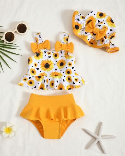 Mioglrie Baby Girl Swimsuit 6-9 9-12 Months Baby Bathing Suit Girl Yellow Dasiy Bikini Summer Beach Swimwear Infant Tankini Hat Set 6-12 Months - Image 2
