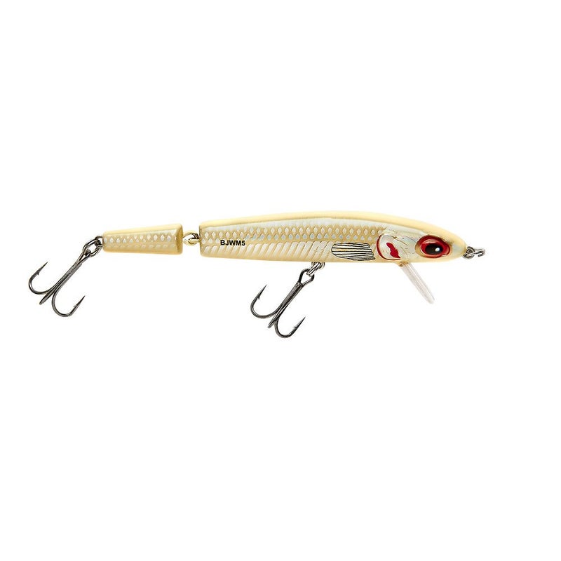 Bomber Lures Jointed Wake Minnow Fishing Lure, Produces a Fish-Enticing V-Wake, Freshwater Fishing Gear and Accessories, 5 3/8", 3/8 oz, Bone Flash, (BJWM5455)