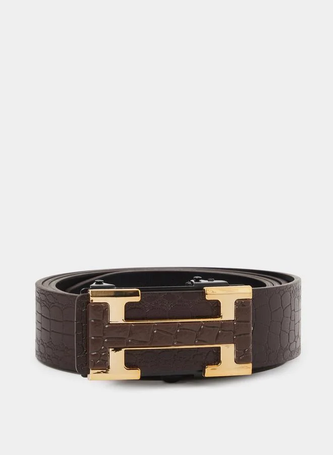 ستايلي Men Brown Croc-Embossed Gold-Tone H Buckle Belt