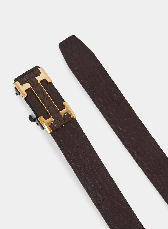 ستايلي Men Brown Croc-Embossed Gold-Tone H Buckle Belt