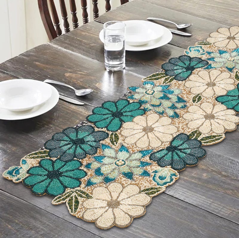lightnpro Chrtistmas Beaded Table Runner Christmas Table Runner Rustic Farmhouse Hand Beaded Runner to Decorate Xmas Wedding Family Party Thanksgiving Dinner Table Dcor 13x36 Inch Teal Combo