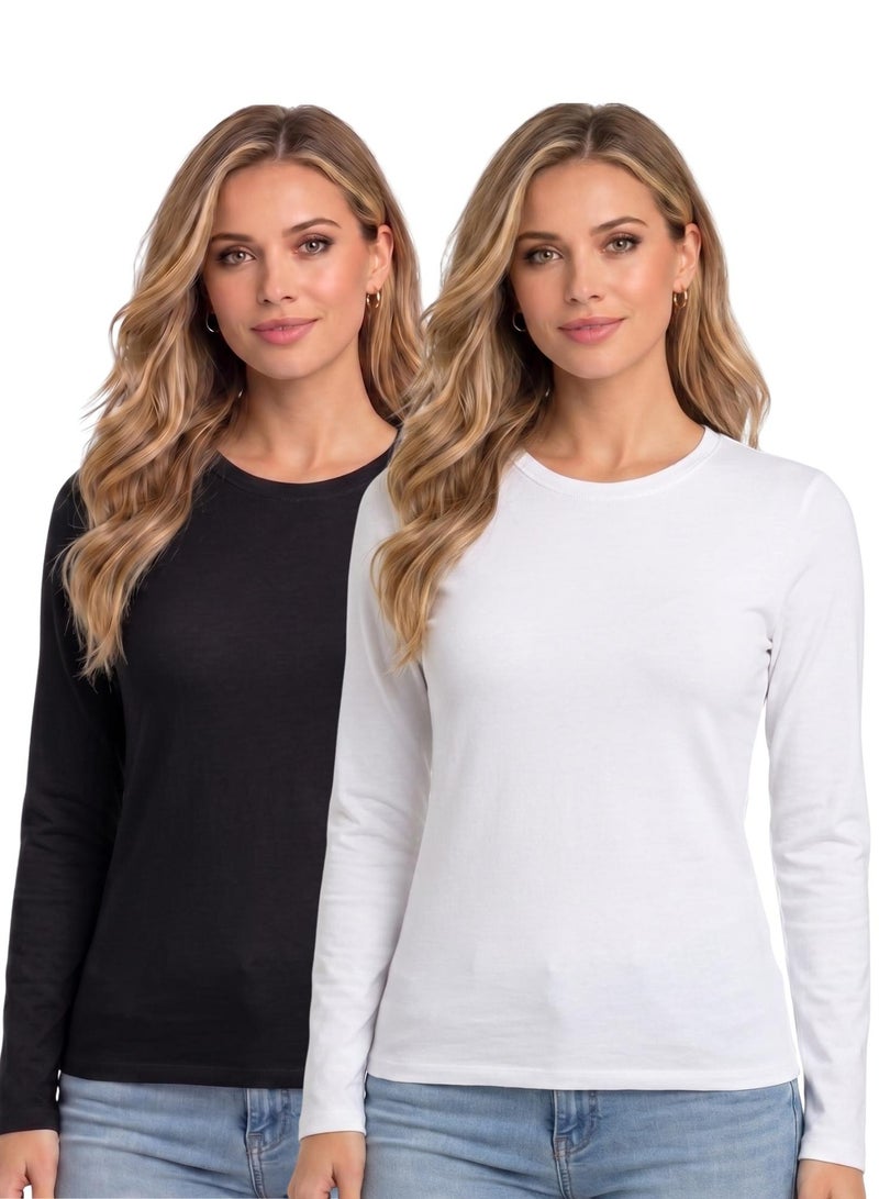 Karma Pack of 2 Cotton Viscose Long Sleeve Round Neck Body Top - Image 1