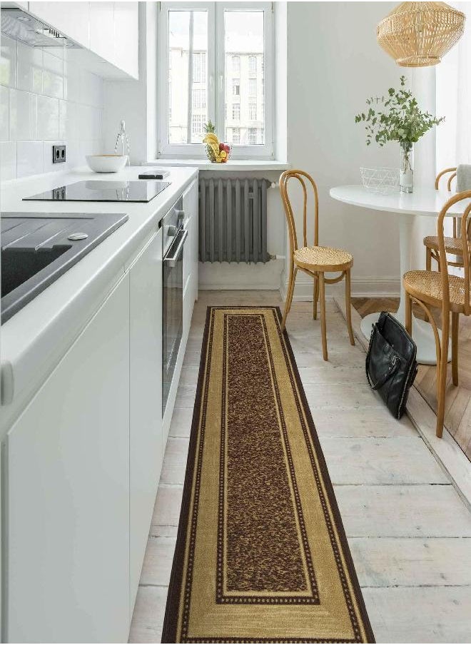 Ottomanson - Machine Washable Bordered Design Non-Slip Rubberback 2x7 Traditional Runner Rug for Hallway, Kitchen, Bedroom, Living Room, 1'10" x 7', Brown - Image 1