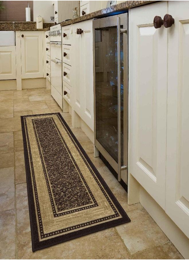 Ottomanson - Machine Washable Bordered Design Non-Slip Rubberback 2x7 Traditional Runner Rug for Hallway, Kitchen, Bedroom, Living Room, 1'10" x 7', Brown - Image 1