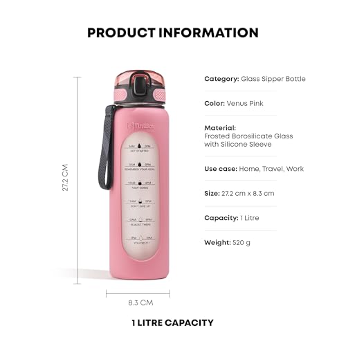 TintBox 1 Litre Motivational Borosilicate Glass Sipper with Silicone Sleeve, Time Markings, Leak-Proof (Venus Pink) - Image 2