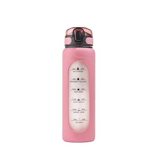 TintBox 1 Litre Motivational Borosilicate Glass Sipper with Silicone Sleeve, Time Markings, Leak-Proof (Venus Pink) - Image 1