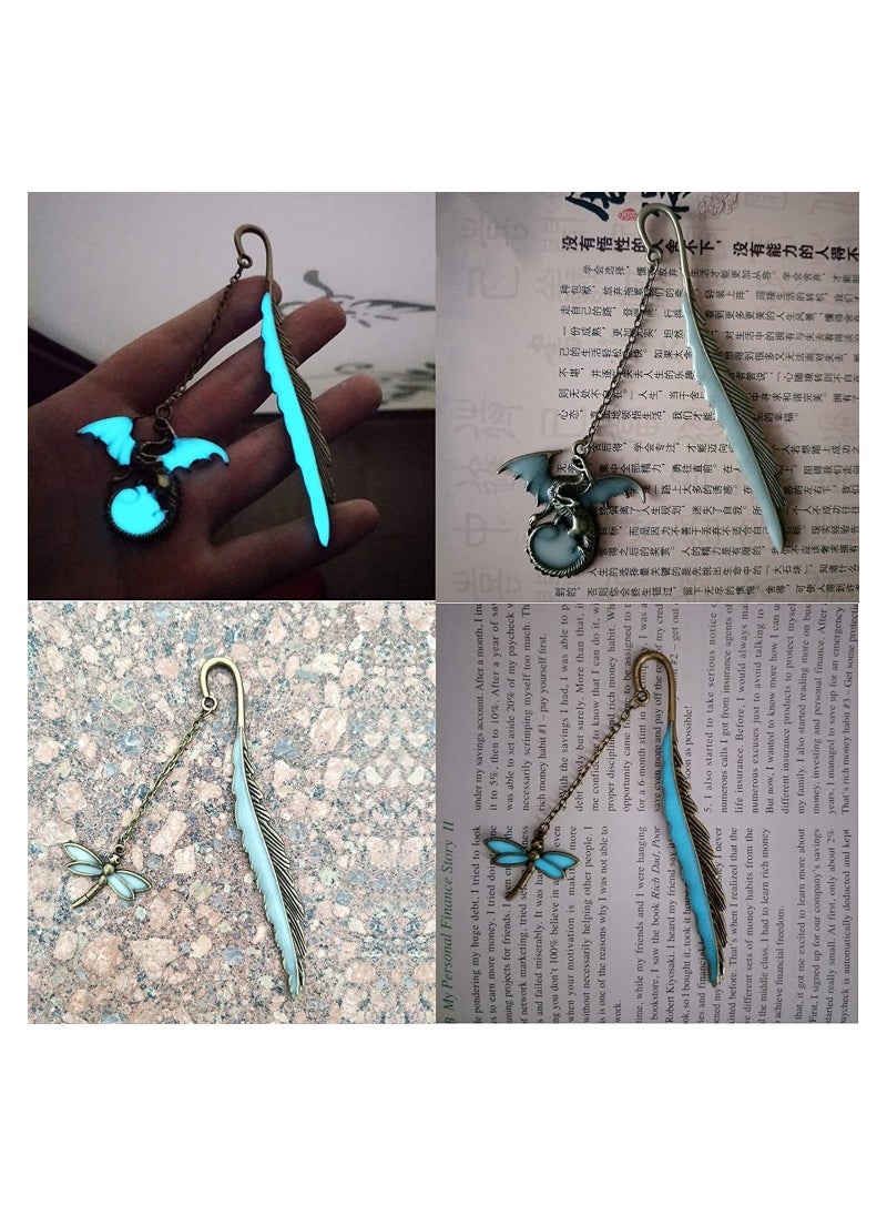 SYOSI - Luminous Bookmarks 2 Pack Vintage Feather Metal Book Marker Unique Glow in The Dark Retro Reading Page Perfect Gift for Reader ,Students, Teachers, and Lovers(Dragonfly, Dragon) - Image 1
