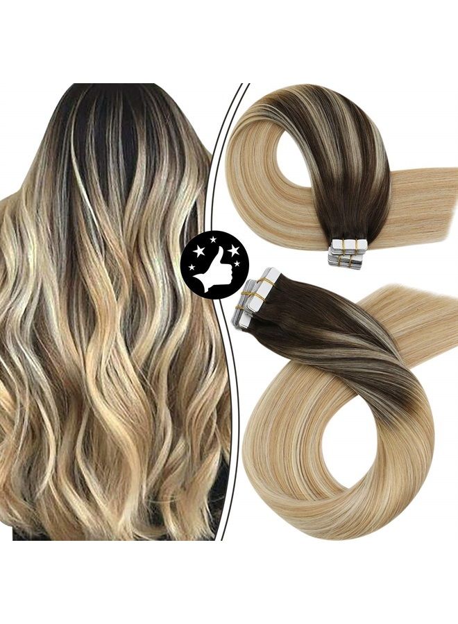 Moresoo Tape in Human Hair Extensions Brown Rooted Tape in Extensions Balayage Darkest Brown to Blonde Hair Extensions Tape in Real Human Hair Ombre Hair Extensions Glue in 20 Inch #2/27/613 20pcs 50g - Image 1