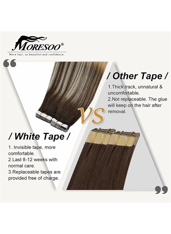 Moresoo Tape in Human Hair Extensions Brown Rooted Tape in Extensions Balayage Darkest Brown to Blonde Hair Extensions Tape in Real Human Hair Ombre Hair Extensions Glue in 20 Inch #2/27/613 20pcs 50g - Image 3