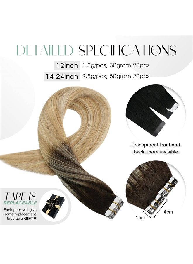 Moresoo Tape in Human Hair Extensions Brown Rooted Tape in Extensions Balayage Darkest Brown to Blonde Hair Extensions Tape in Real Human Hair Ombre Hair Extensions Glue in 20 Inch #2/27/613 20pcs 50g - Image 4