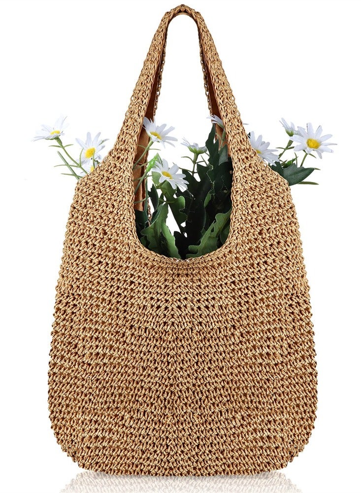 Zikra Hand-woven Soft Large Straw Shoulder Bag, Boho Straw Handle Tote Retro Summer Beach Bag Rattan Handbag, Women Straw Beach Bag Bucket Tote Shoulder Bag (Khaki) - Image 1