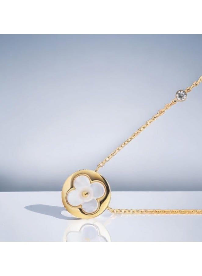 بونكا قلادة نسائية انيقة بتصميم عصري مع دلاية متنوعة من بونكا سلسلة ذهبي فص دائري مطعمه باللون الؤلؤي - Image 2