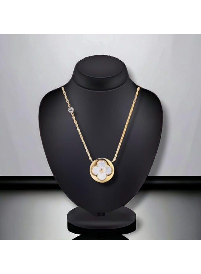 بونكا قلادة نسائية انيقة بتصميم عصري مع دلاية متنوعة من بونكا سلسلة ذهبي فص دائري مطعمه باللون الؤلؤي - Image 4