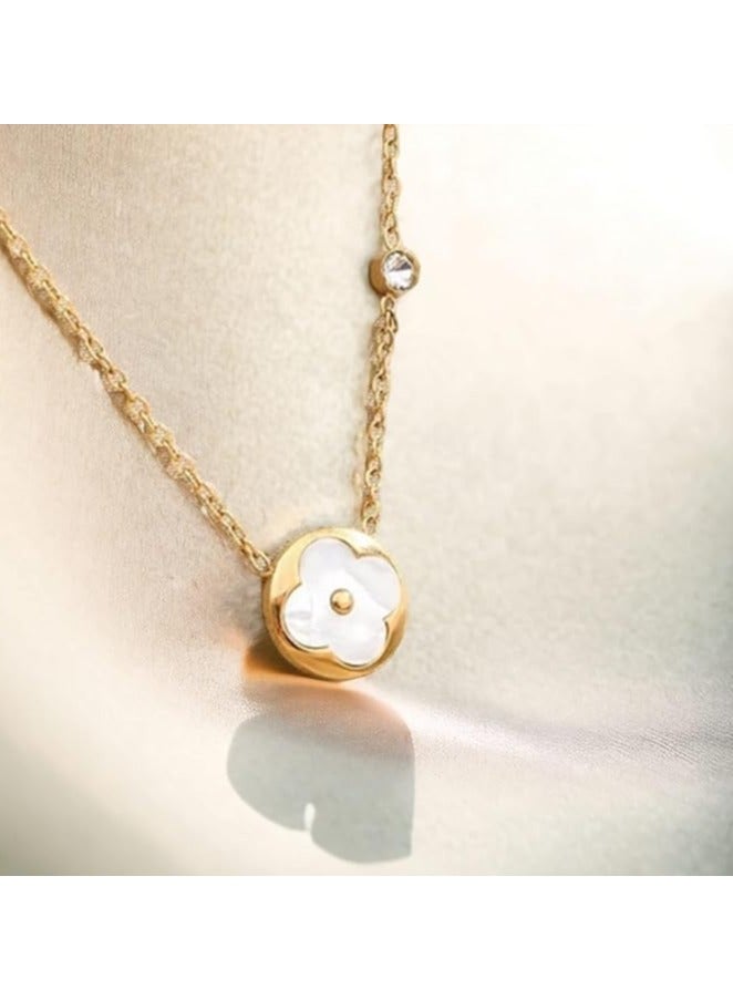 بونكا قلادة نسائية انيقة بتصميم عصري مع دلاية متنوعة من بونكا سلسلة ذهبي فص دائري مطعمه باللون الؤلؤي - Image 5