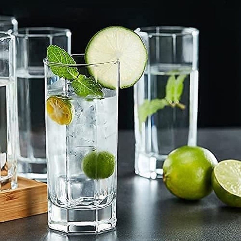 NVRA Premium JuiceWater Glass Set of 4 300ml Classic Highball Tumbler Glasses for Drinking Juice Milkshake Beer Cocktail Coke Lassi Soda Hexagonal 4 - Image 1