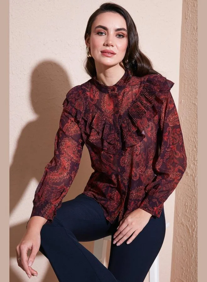 ليلا قميص نسائي ليلا بياقة قاضي مقاس قياسي من الشيفون بنقوش