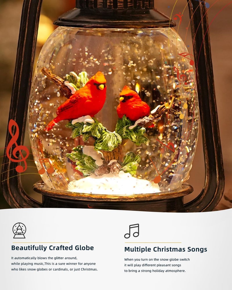 PEATOP Christmas Snow Globes Cardinal Gifts,Christmas Decorations Cardinal Snow Globe, Musical Lantern Light Up 6H Time Glitter Globe Cardinal Red Bird Memorial Gift for Women - Image 3