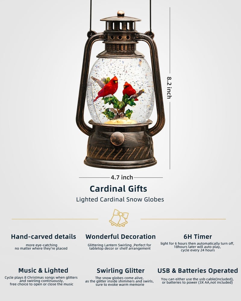 PEATOP Christmas Snow Globes Cardinal Gifts,Christmas Decorations Cardinal Snow Globe, Musical Lantern Light Up 6H Time Glitter Globe Cardinal Red Bird Memorial Gift for Women - Image 5