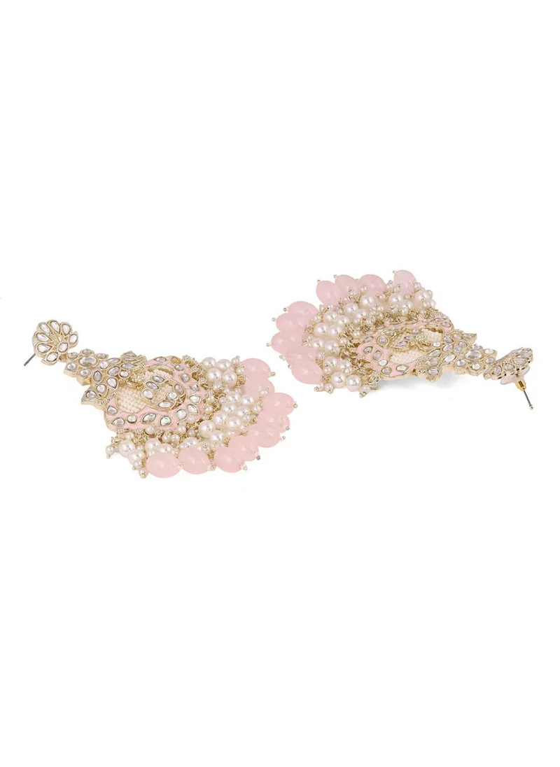 برياسي Kundan Stone Studded  Pearls Beaded Floral Design Drop Earrings