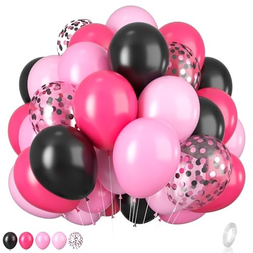 Biapian Pink and Black Balloons, 12 Inch Hot Pink Black Balloons Set with Black Pink Confetti Balloons, Pastel Pink Light Pink Black Balloons for Girl Birthday Party Wedding Decorations - Image 1