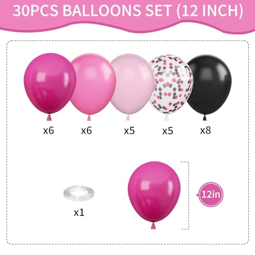 Biapian Pink and Black Balloons, 12 Inch Hot Pink Black Balloons Set with Black Pink Confetti Balloons, Pastel Pink Light Pink Black Balloons for Girl Birthday Party Wedding Decorations - Image 3