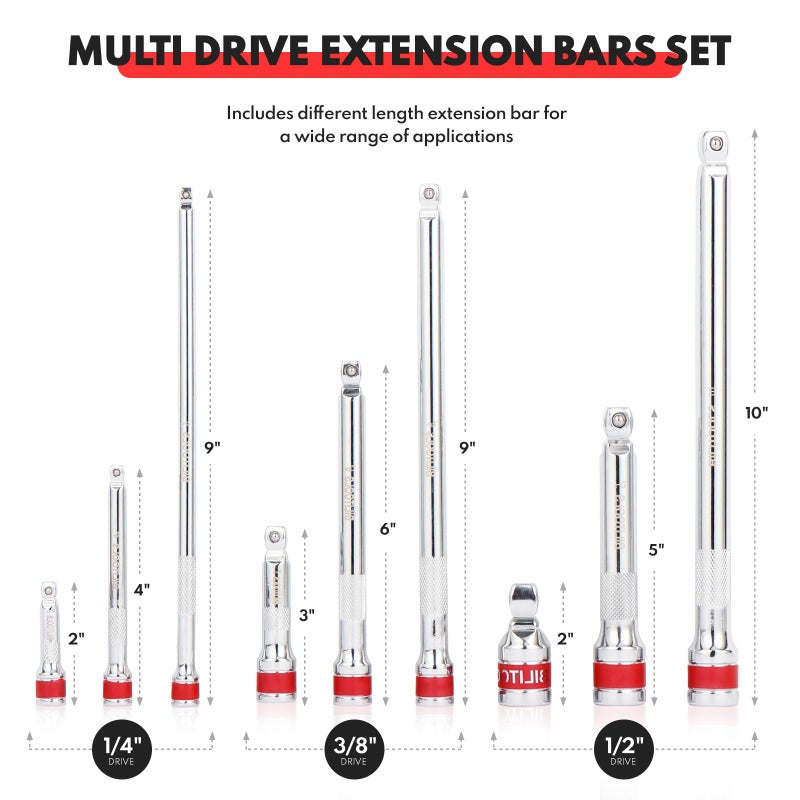 BILITOOLS Wobble Extension Set, 9 PCS 1/4", 3/8" and 1/2" Drive Ratchet Extension Set Flexible, Cr-V Steel - Image 3