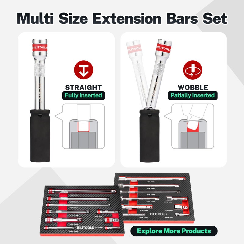 BILITOOLS Wobble Extension Set, 9 PCS 1/4", 3/8" and 1/2" Drive Ratchet Extension Set Flexible, Cr-V Steel - Image 5
