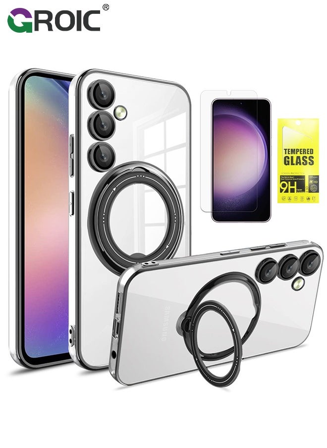 GROIC Case for Samsung Galaxy S24 6.1 Inch with HD Glass Screen Protector, Magnetic Invisible Stand Compatible with MagSafe, Shockproof Clear Back Cover with Metal Ring Holder  - Image 1