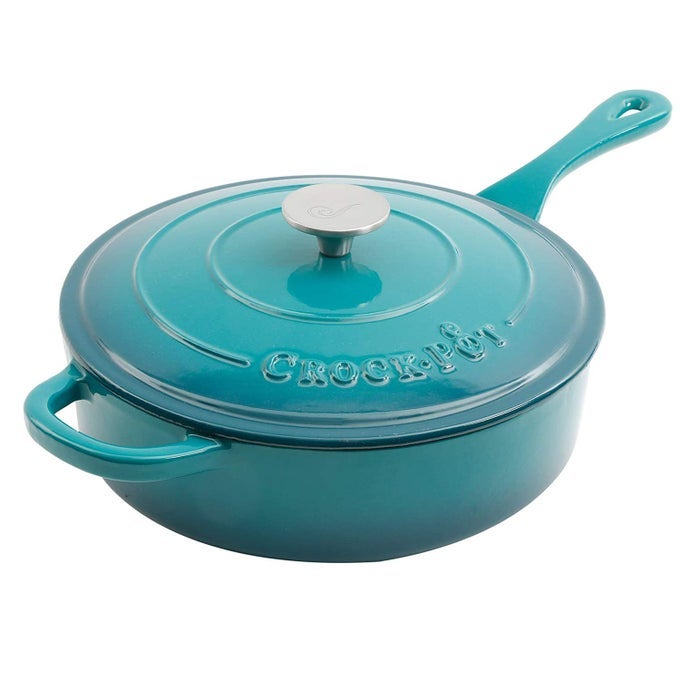 CROCK POT ARTISAN 35 QUART ENAMELED CAST IRON DEEP SAUT PAN TEAL OMBRE