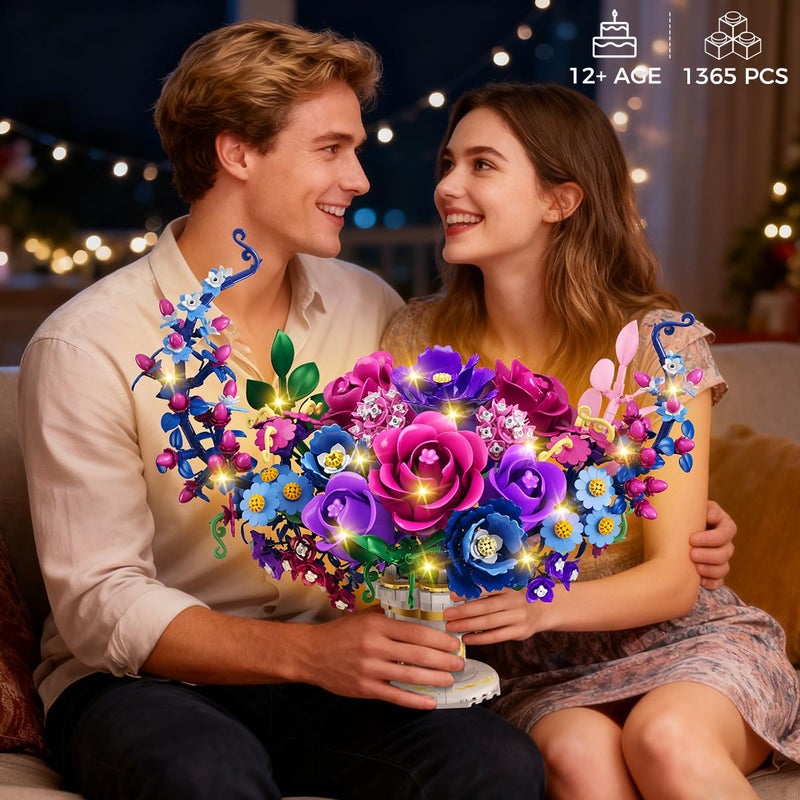 PLAXSOON مجموعة بناء باقة زهور القمر من بلاكسون مع أضواء، زهور عيد الحب، مجموعة كتل نباتية، 1365 قطعة مجموعة نبات البونساي لتزيين المنزل، هدية لها للبالغين النساء والأولاد والبنات 12+ - Image 5