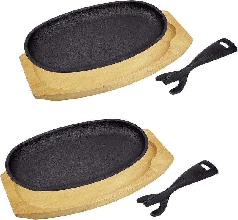 DVK 2 Set Cast Iron Skillet Sizzling Plate With Wooden Base Fajita Skillet With Removable Handle For Home Barbeque Kitchen Service - Image 1