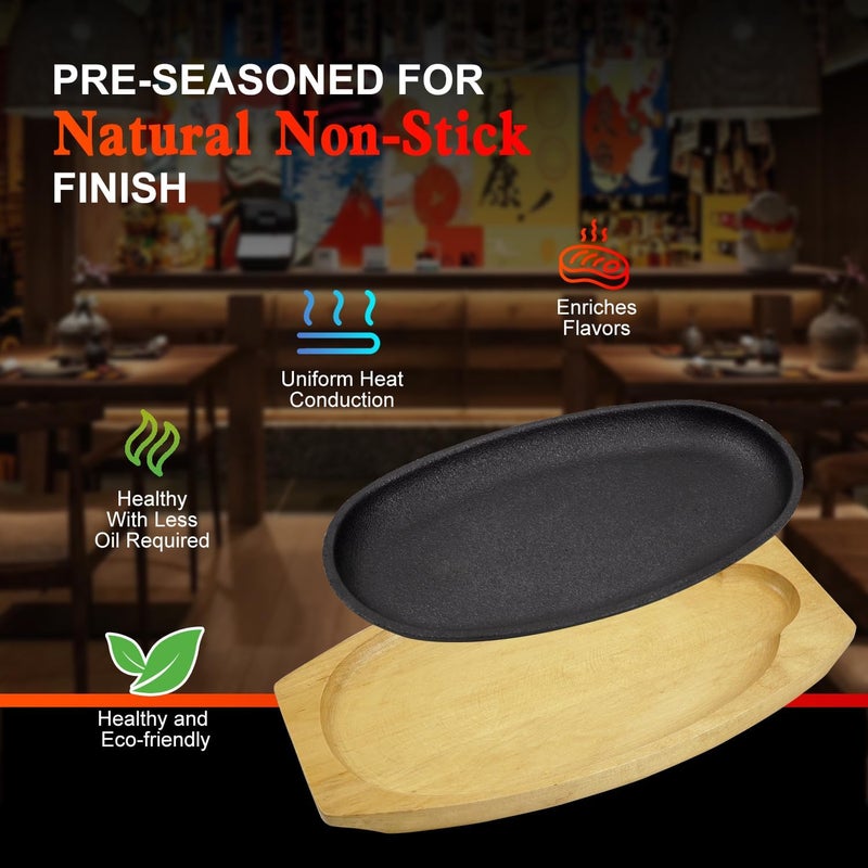 DVK 2 Set Cast Iron Skillet Sizzling Plate With Wooden Base Fajita Skillet With Removable Handle For Home Barbeque Kitchen Service - Image 5