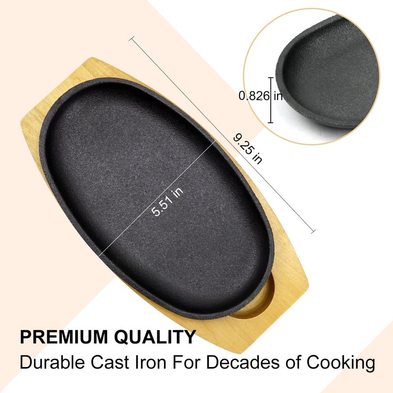DVK 2 Set Cast Iron Skillet Sizzling Plate With Wooden Base Fajita Skillet With Removable Handle For Home Barbeque Kitchen Service - Image 3