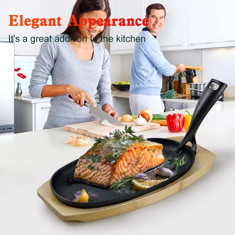 DVK 2 Set Cast Iron Skillet Sizzling Plate With Wooden Base Fajita Skillet With Removable Handle For Home Barbeque Kitchen Service - Image 2