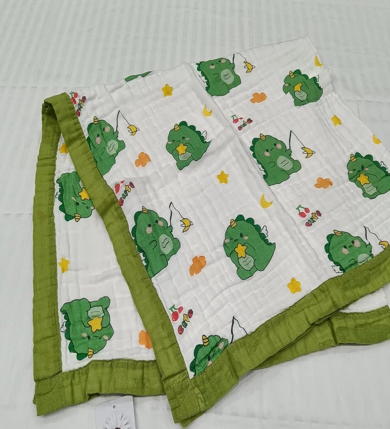 VOIDROP 6-Layer Baby Muslin Blanket – 110 x 110 cm Organic Cotton Green Dinosaur Print, Soft & Breathable for Newborns & Toddlers – Green Border, Lightweight Swaddle Multi (Green Dinosaur Print) - Image 4