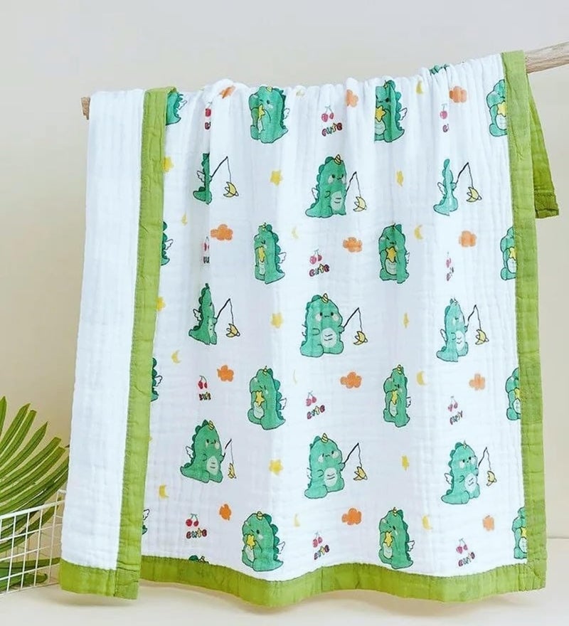VOIDROP 6-Layer Baby Muslin Blanket – 110 x 110 cm Organic Cotton Green Dinosaur Print, Soft & Breathable for Newborns & Toddlers – Green Border, Lightweight Swaddle Multi (Green Dinosaur Print) - Image 2
